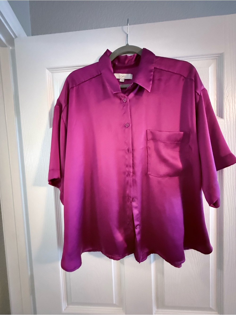 LOFT Satin Button-Up Blouse in Vibrant Fuchsia
